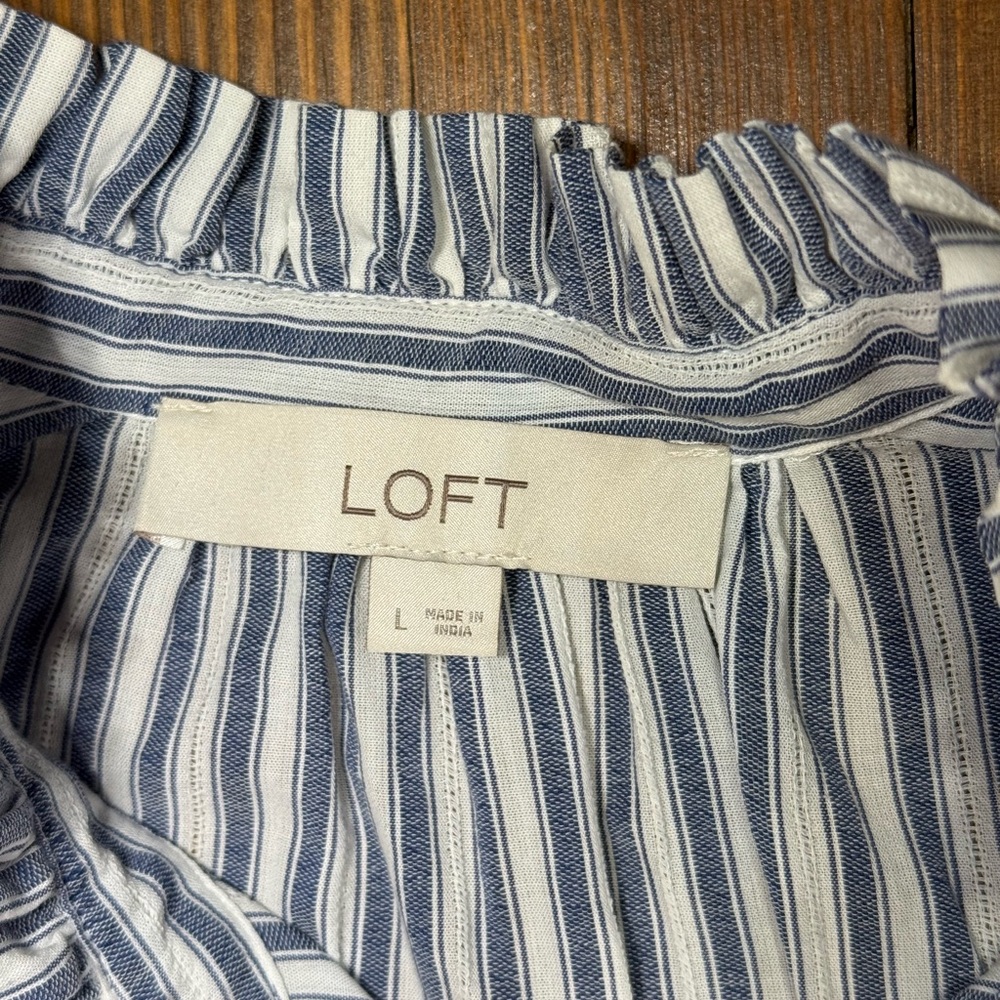 Loft Striped Ruffle Collarless Button Down Shirt - image 2